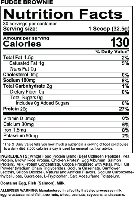 RedCon1 MRE Lite 2lbs Animal Based Protein Powder — Fudge Brownie — ingredients label and nutrition facts panel