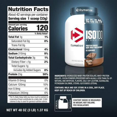 Dymatize Iso 100 Hydrolyzed Whey Protein 3LB — Fudge Brownie — ingredients label and nutrition facts panel