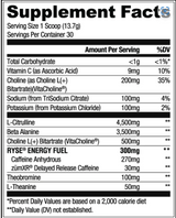 Ryse Loaded Pre-Workout 30 Servings — Ring Pop Cherry — ingredients label and nutrition facts panel