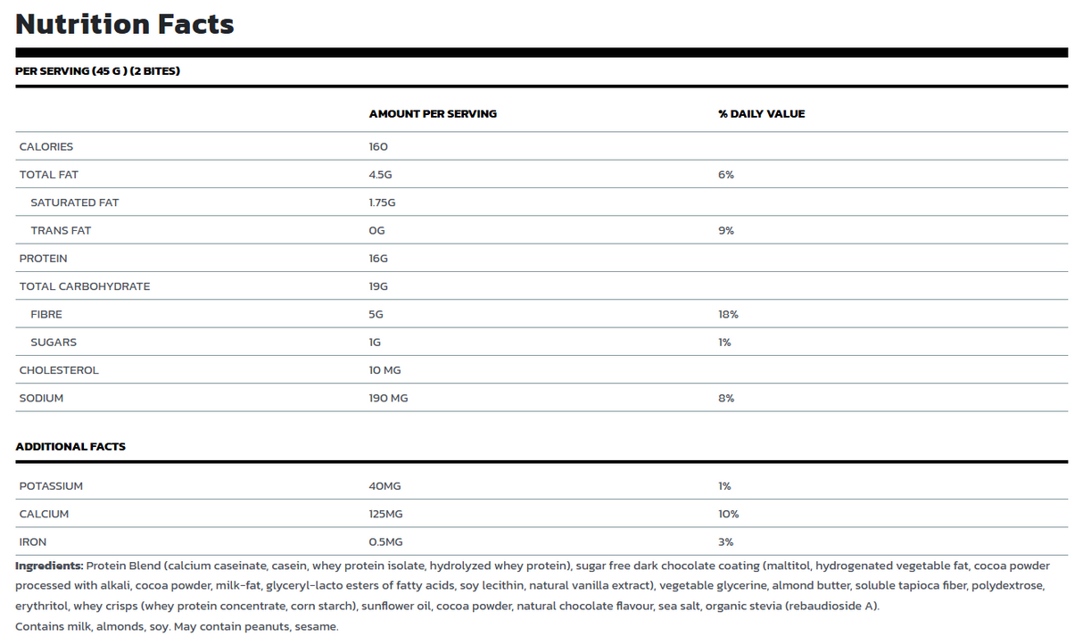BioX Protein Bites 1.08kg — Dark Matter Brownie — ingredients label and nutrition facts panel