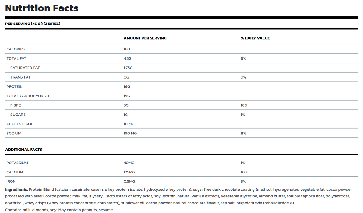 BioX Protein Bites 1.08kg — ingredients label and nutrition facts panel