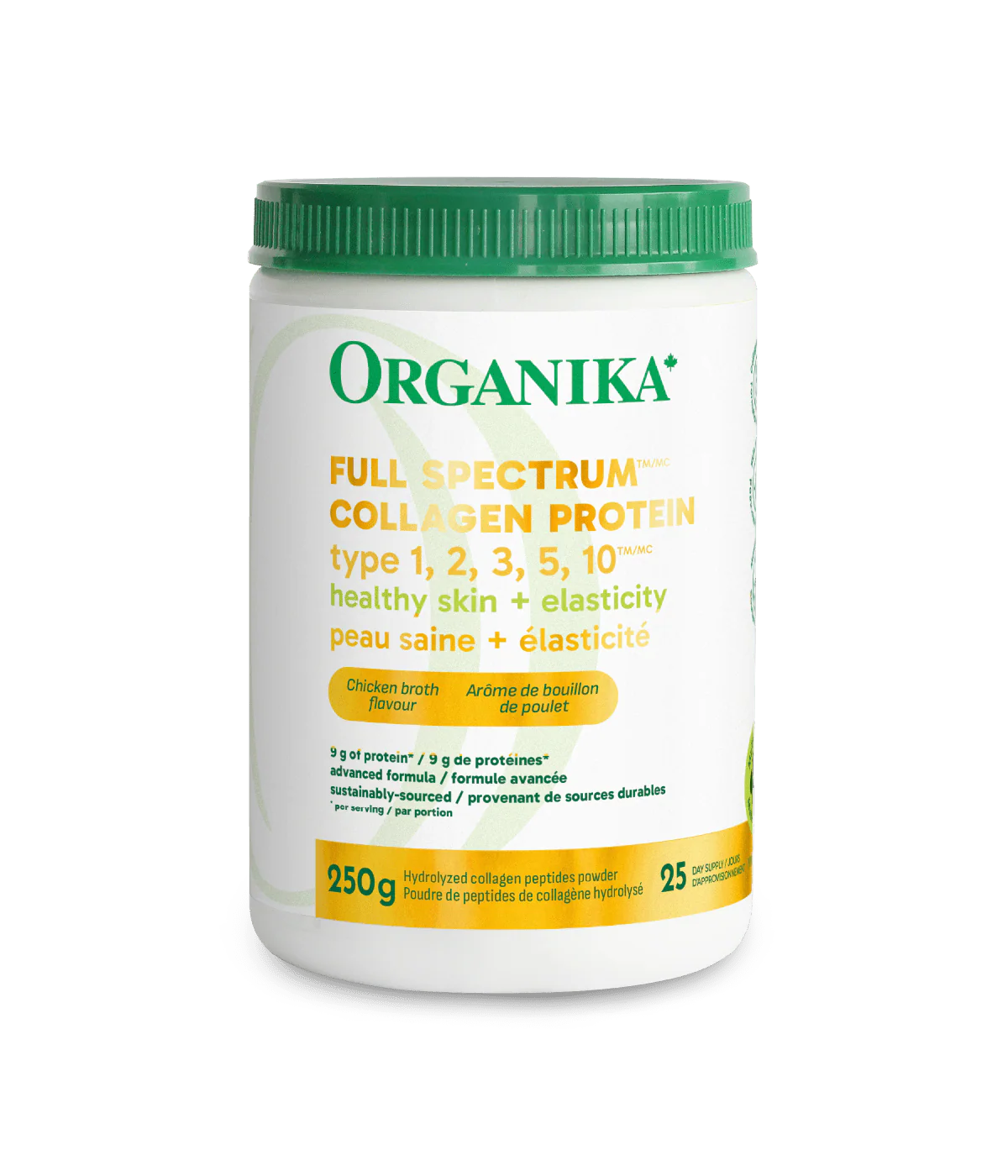 Organika Full Spectrum Collagen Protein Type 1, 2, 3, 5, 10 - 250g 25 Day Supply — Chicken Broth flavour tub front label
