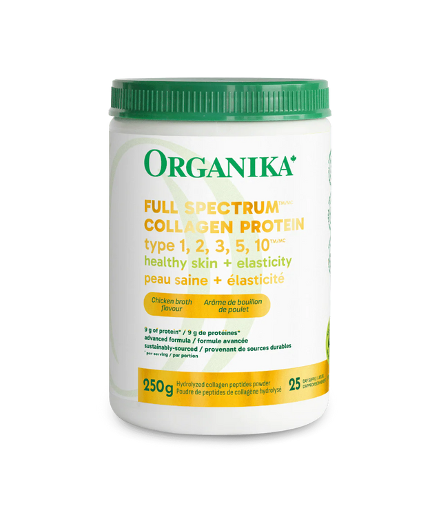 Organika Full Spectrum Collagen Protein Type 1, 2, 3, 5, 10 - 250g 25 Day Supply — Chicken Broth flavour tub front label