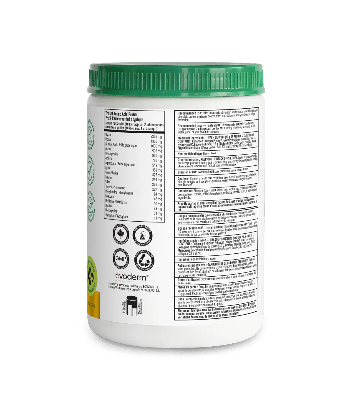 Organika Full Spectrum Collagen Protein Type 1, 2, 3, 5, 10 - 250g 25 Day Supply — back label with amino acid profile and nutrition facts
