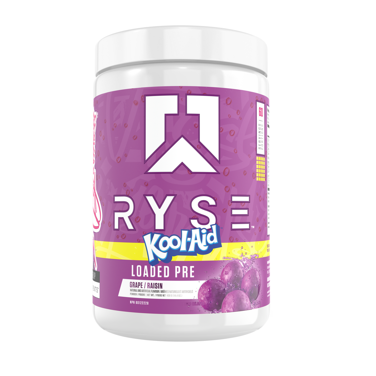 Ryse Loaded Pre 30 Servings — Kool-Aid Grape tub, front label