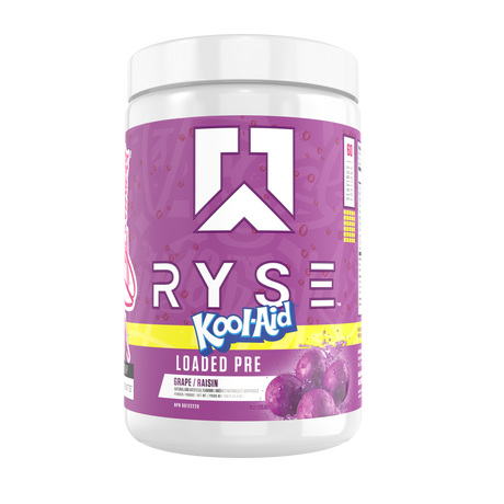 Ryse Loaded Pre 30 Servings — Kool-Aid Grape tub, front label