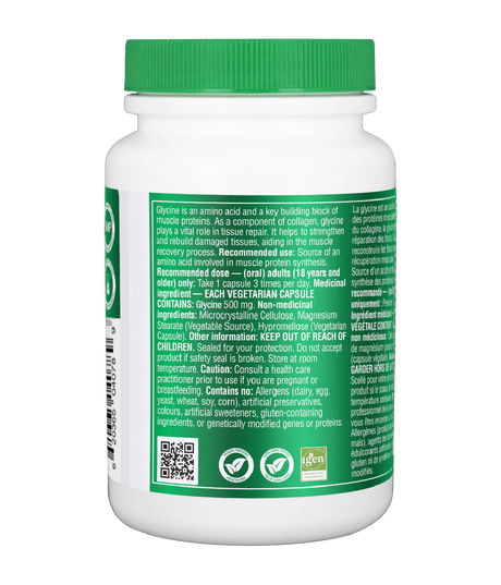 Organika Glycine 120 capsules rear label recommended doses and ingredients information