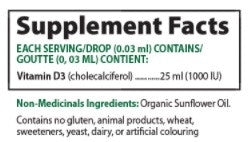 Alora Naturals Liquid Vitamin D3 25ML Supplement Facts