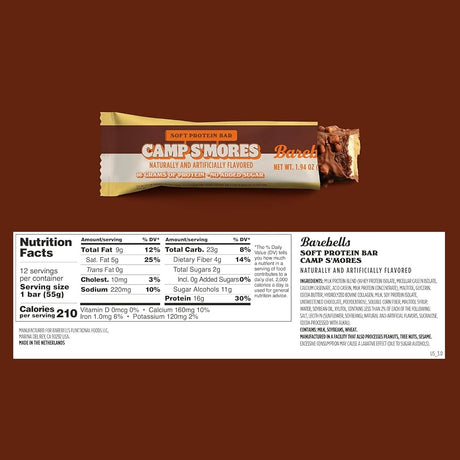 Barebells Soft Protein Bar (2 Boxes of 12, 24 Bars) - Camp S'mores nutrition facts label