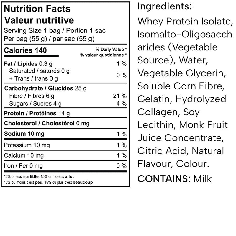 Protein Candy — Nutrition Facts and ingredients panel, 55 g bag