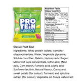 Protein Candy Classic Fruit Sour 55 g bag — front pack and Nutrition Facts panel with ingredients list