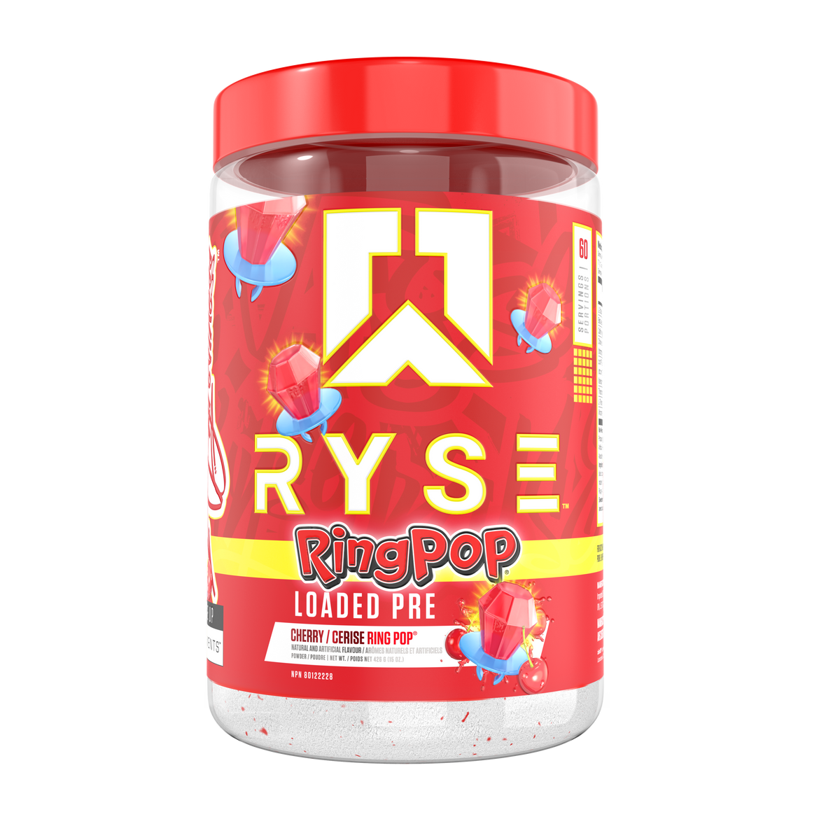 Ryse Loaded Pre 30 Servings — Ring Pop Cherry tub, front label