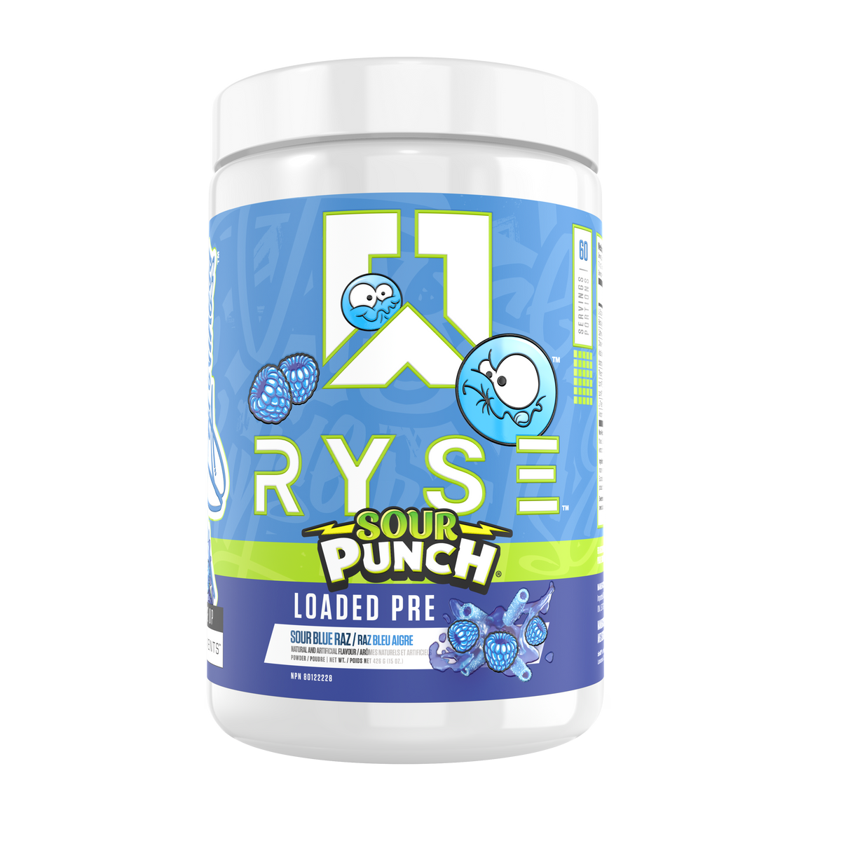 Ryse Loaded Pre 30 Servings — Sour Punch Sour Blue Raz tub, front label