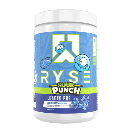 Ryse Loaded Pre 30 Servings — Sour Punch Sour Blue Raz tub, front label