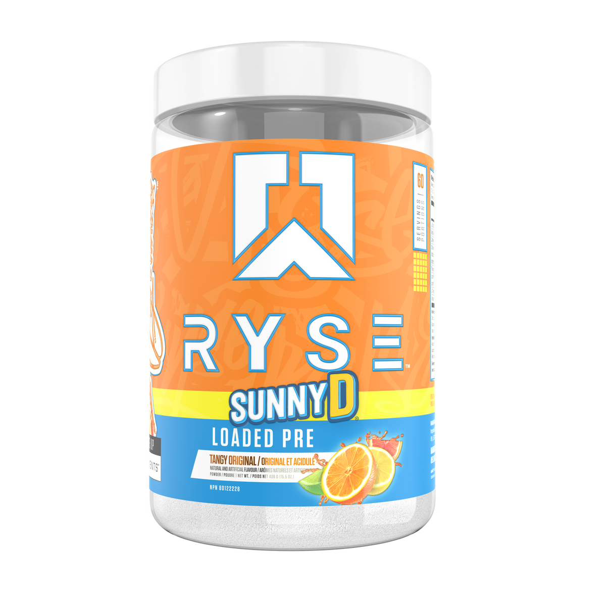 Ryse Loaded Pre 30 Servings — SunnyD Tangy Original tub, front label