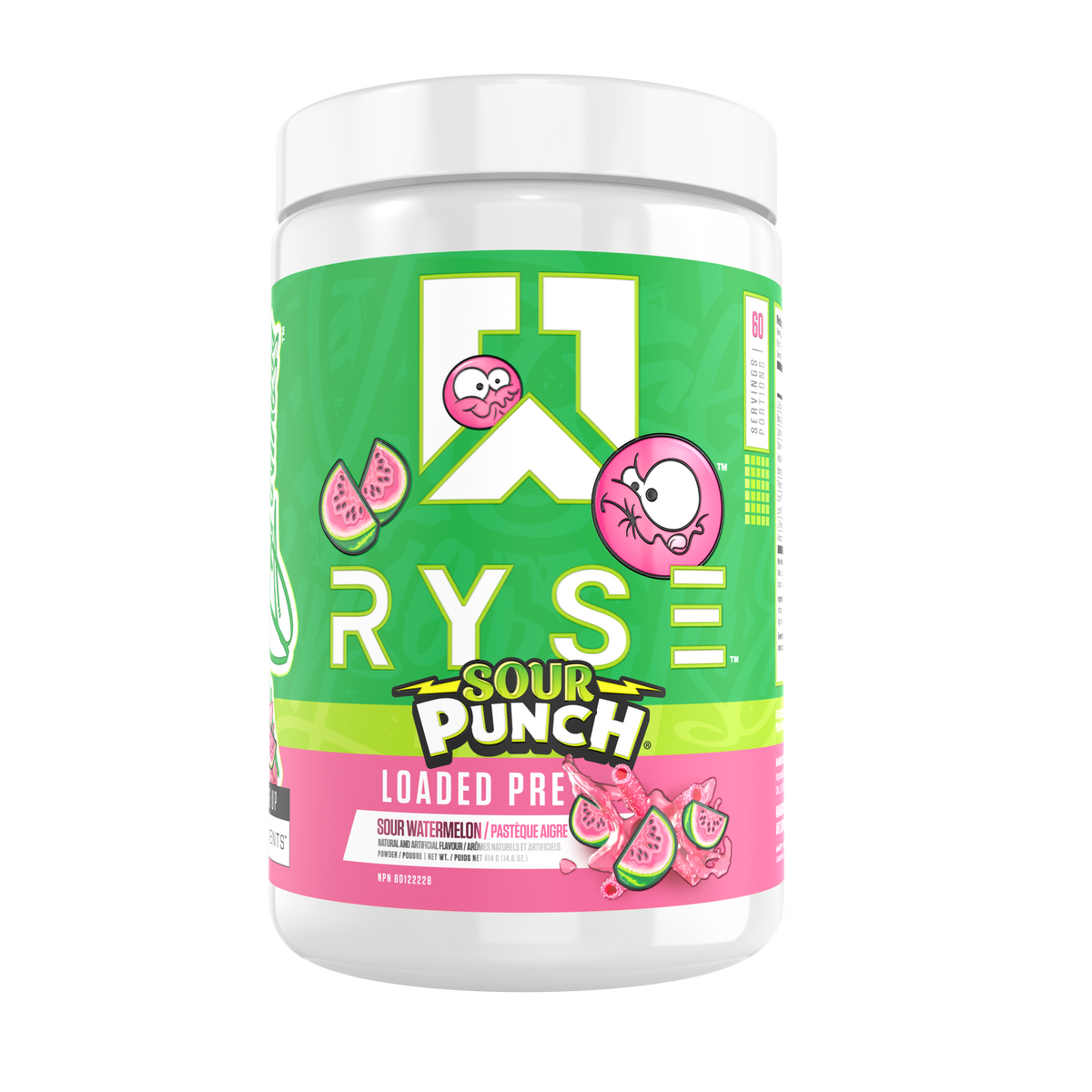 Ryse Loaded Pre 30 Servings — Sour Punch Sour Watermelon tub, front label