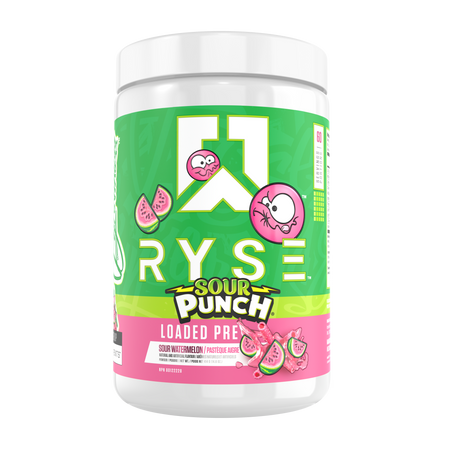 Ryse Loaded Pre 30 Servings — Sour Punch Sour Watermelon tub, front label