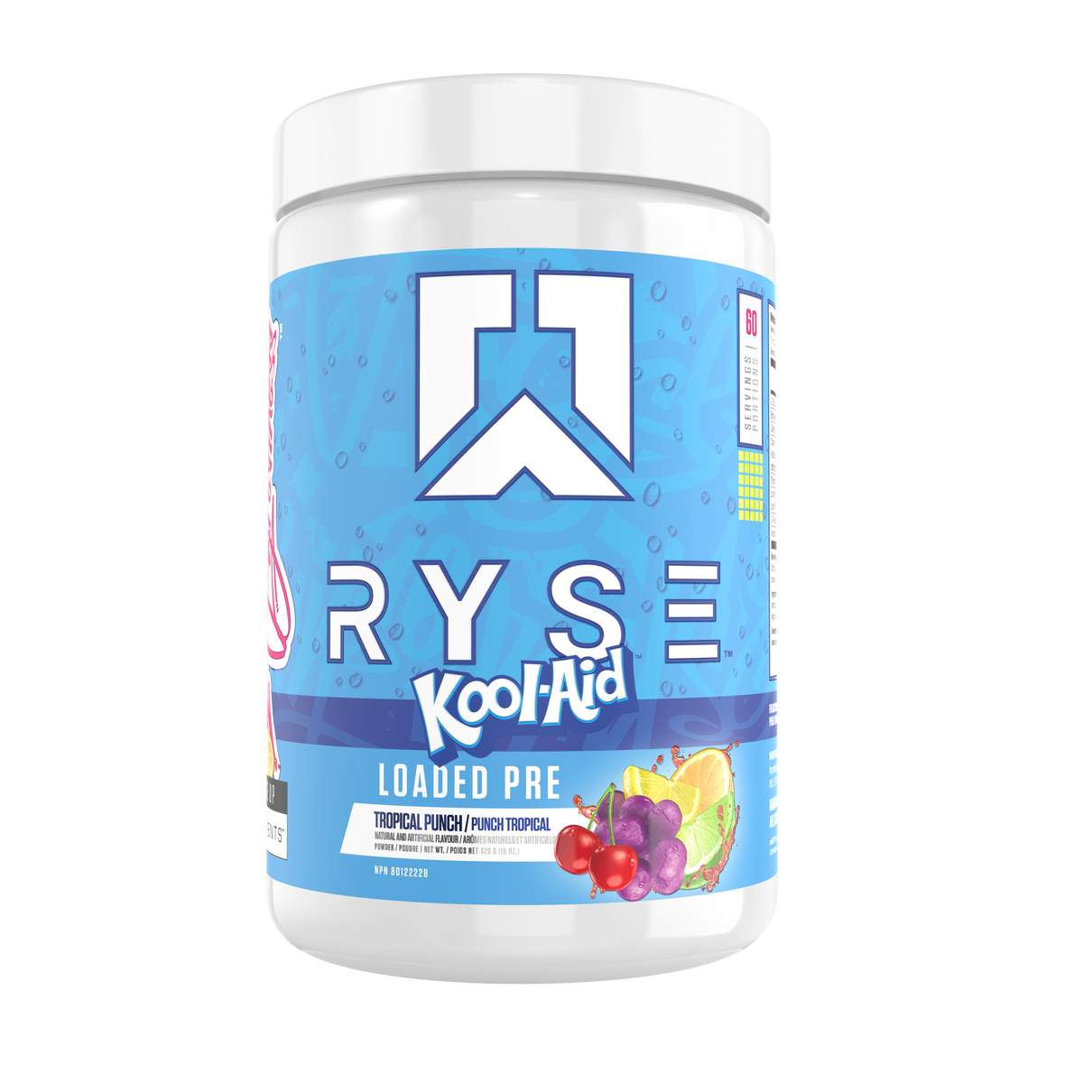 Ryse Loaded Pre 30 Servings — Kool-Aid Tropical Punch tub, front label